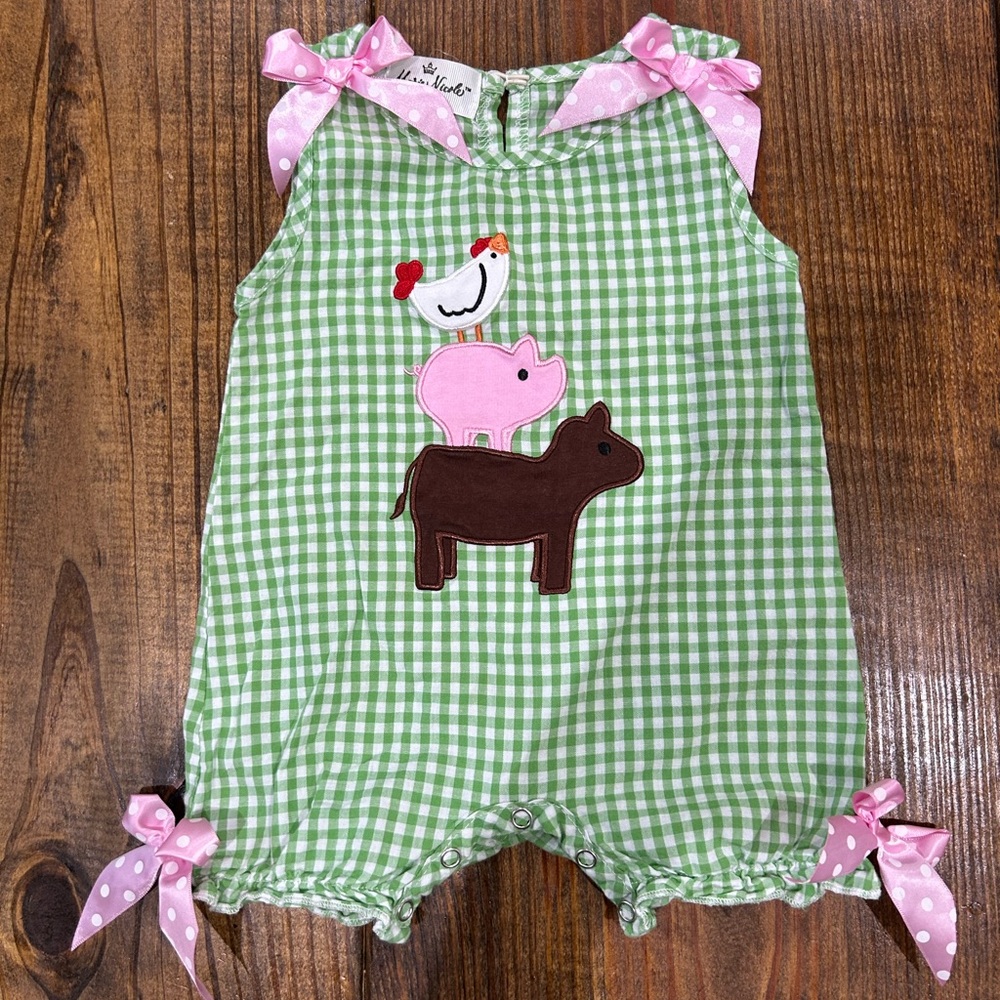 Marie Nicole farm romper. 6-12 months.